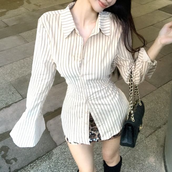 Print Long-Sleeve Mini Waist High Shirt Up Skirt Collared Striped Button Leopard Pencil /