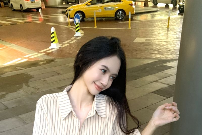 Print Long-Sleeve Mini Waist High Shirt Up Skirt Collared Striped Button Leopard Pencil /