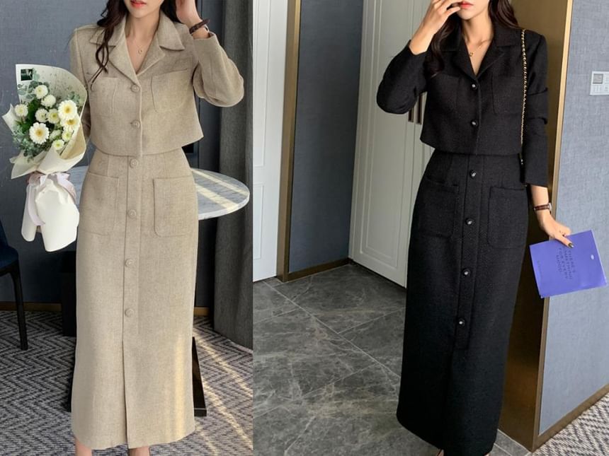 Notch Lapel Single-Breasted Plain Tweed Crop Blazer / High Rise Slit Midi Pencil Skirt