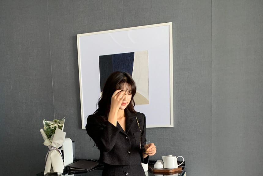 Notch Lapel Single-Breasted Plain Tweed Crop Blazer / High Rise Slit Midi Pencil Skirt