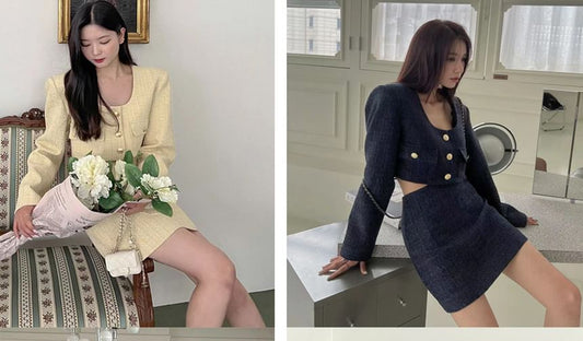 Scoop Neck Button-Up Tweed Crop Jacket / High Rise Mini A-Line Skirt