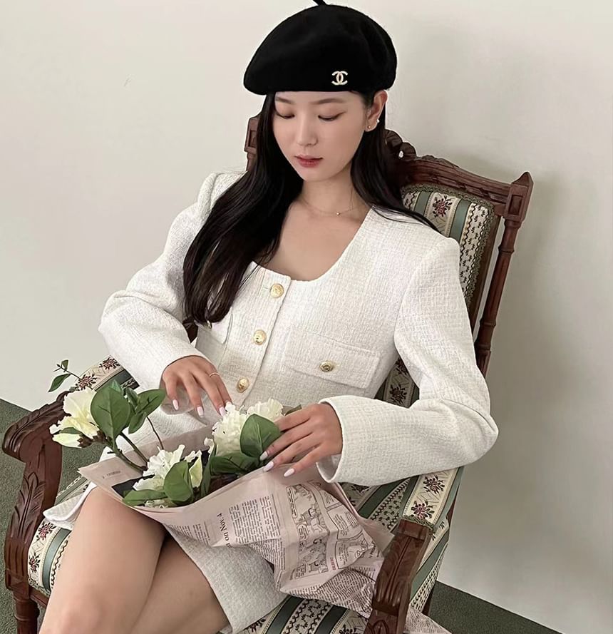 Scoop Neck Button-Up Tweed Crop Jacket / High Rise Mini A-Line Skirt