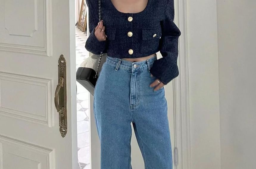 Scoop Neck Button-Up Tweed Crop Jacket / High Rise Mini A-Line Skirt