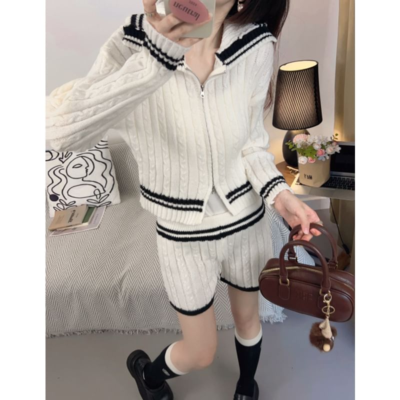 Set: Two-Tone Cable Knit Zip Cardigan & Elastic Waist Shorts