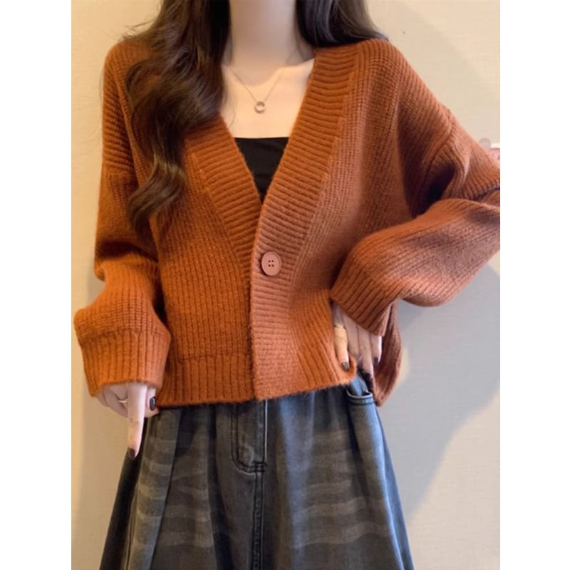 Ribbed Single-Button V-Neck Cardigan