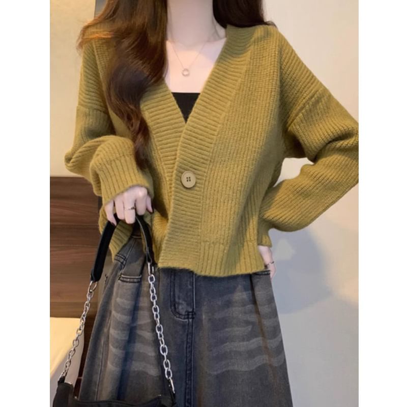Ribbed Single-Button V-Neck Cardigan