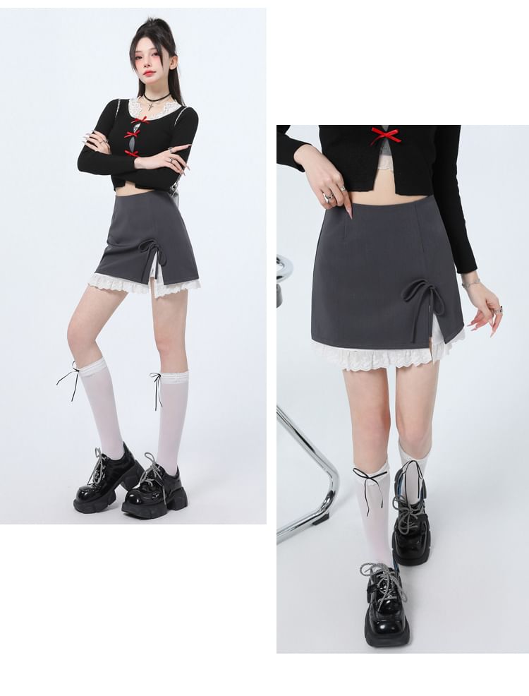 Mini Rise Two High Slit Tone Skirt Bow Pencil