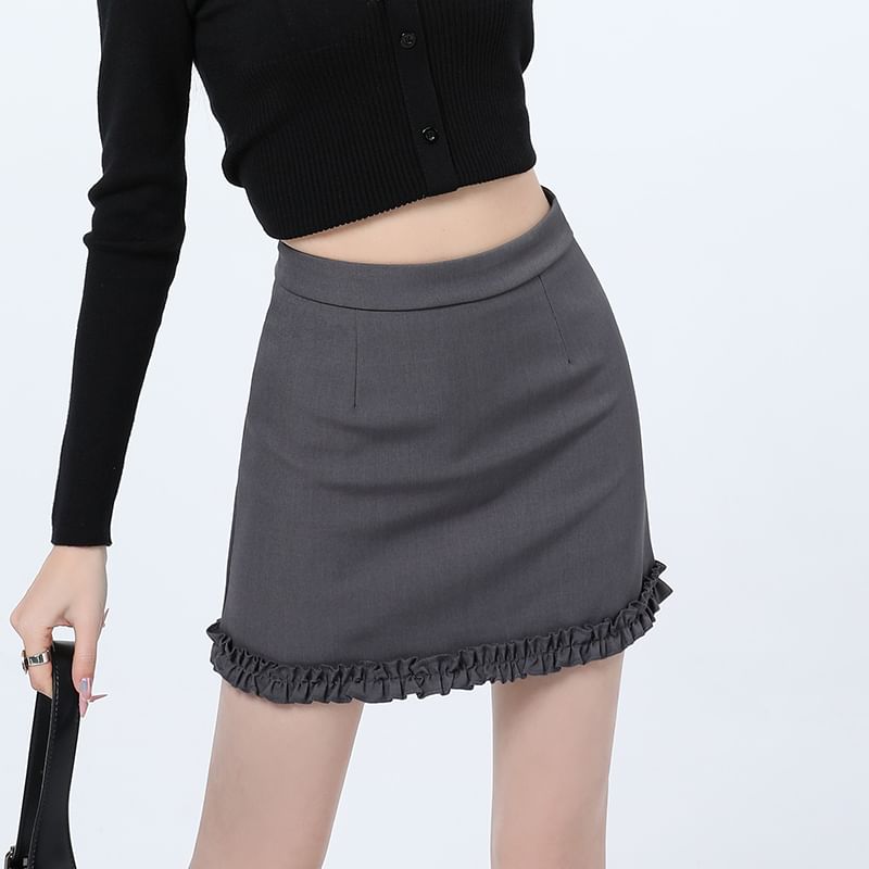 Plain Ruffle High Skirt Waist Pencil Trim Mini