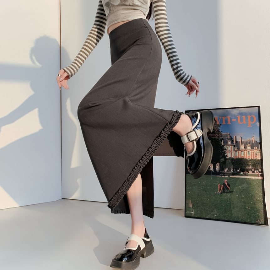 Waist A-Line High Ruffle Skirt Slit Trim Midi Plain
