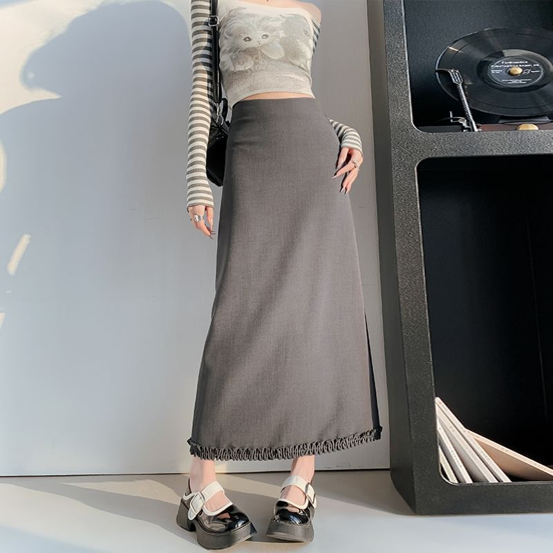 Waist A-Line High Ruffle Skirt Slit Trim Midi Plain