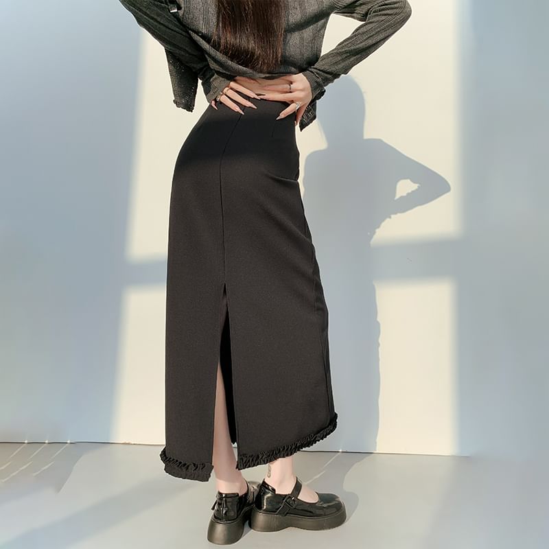 Waist A-Line High Ruffle Skirt Slit Trim Midi Plain