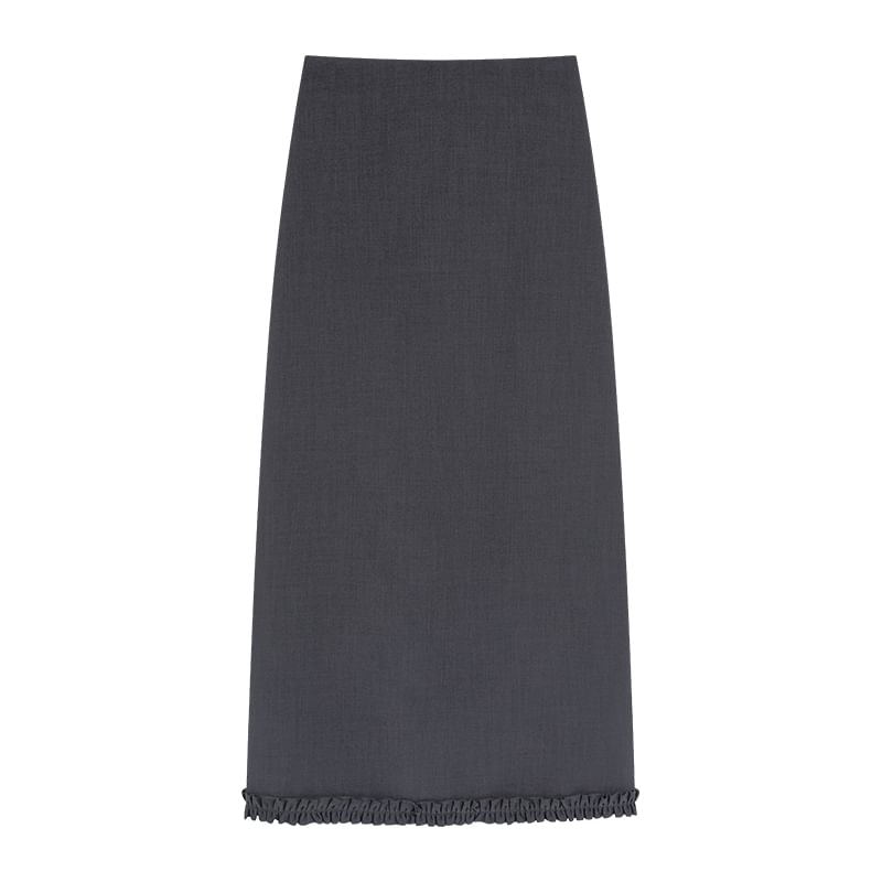 Waist A-Line High Ruffle Skirt Slit Trim Midi Plain