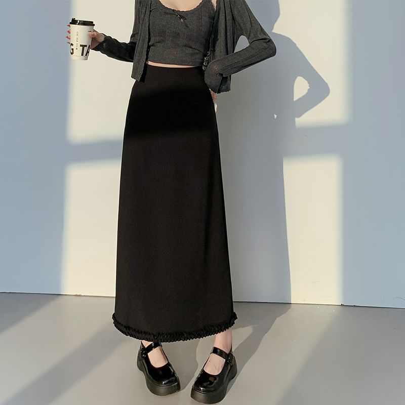 Waist A-Line High Ruffle Skirt Slit Trim Midi Plain