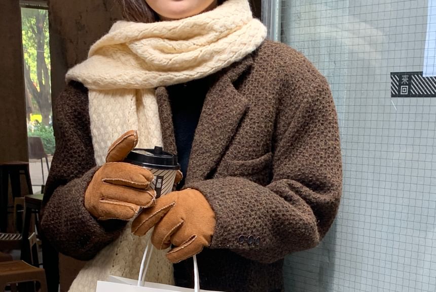 Fluffy Faux Trim Gloves Suede Plain