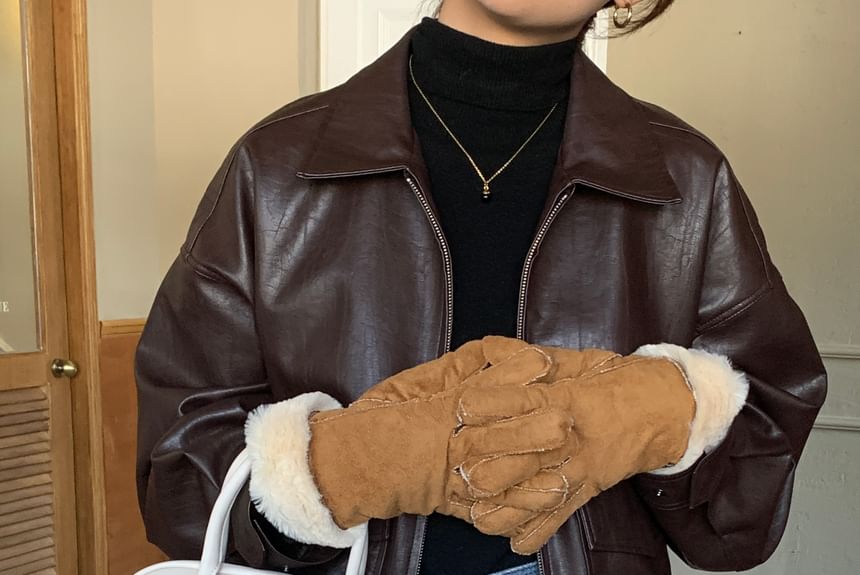 Fluffy Faux Trim Gloves Suede Plain