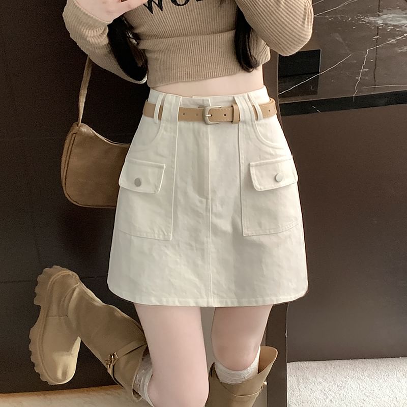 High A-Line Skirt Rise Plain Cargo Mini