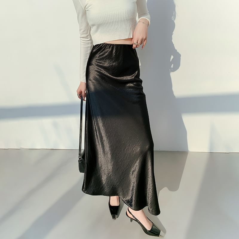 Waist Midi High A-Line Satin Plain Skirt