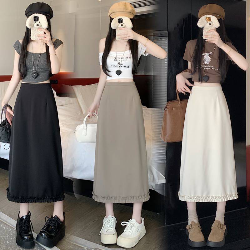 Rise Skirt Slit Ruffle A-Line Trim Plain High Midi
