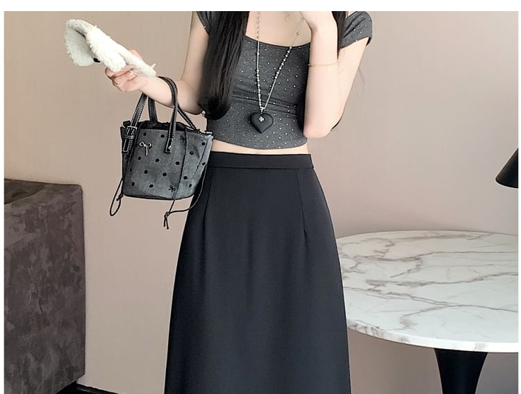 Rise Skirt Slit Ruffle A-Line Trim Plain High Midi