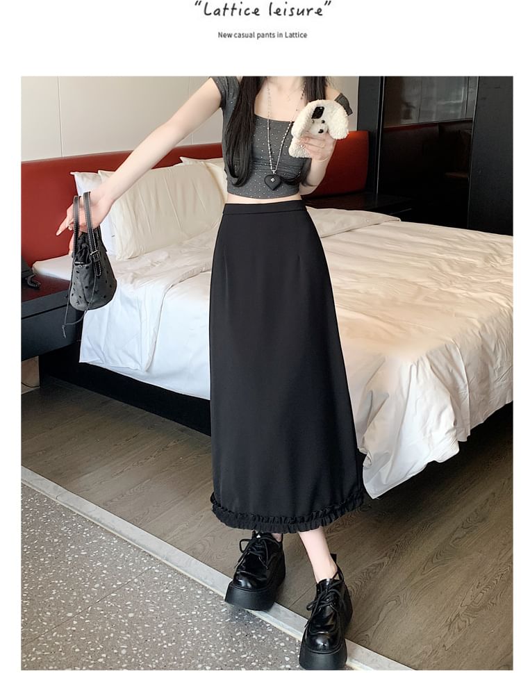 Rise Skirt Slit Ruffle A-Line Trim Plain High Midi