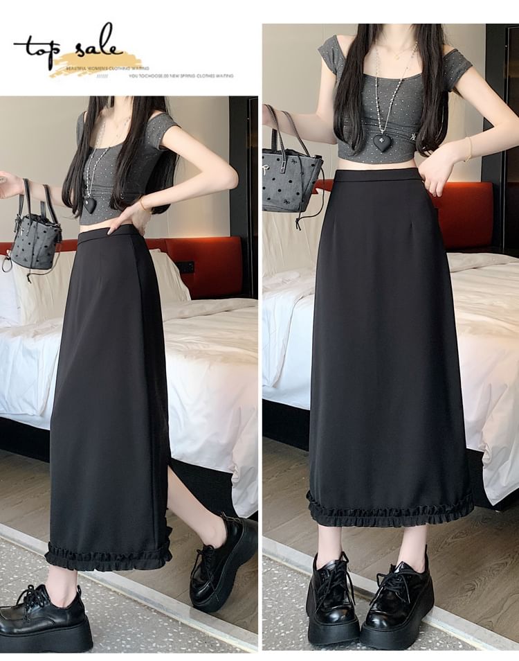 Rise Skirt Slit Ruffle A-Line Trim Plain High Midi