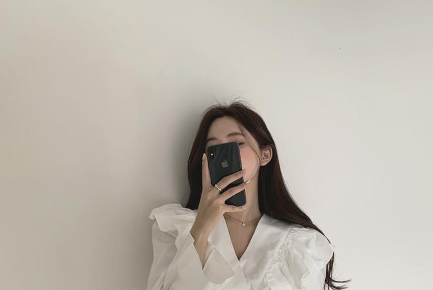 A-Line Collared V-Neck Long-Sleeve Dress Plain Mini