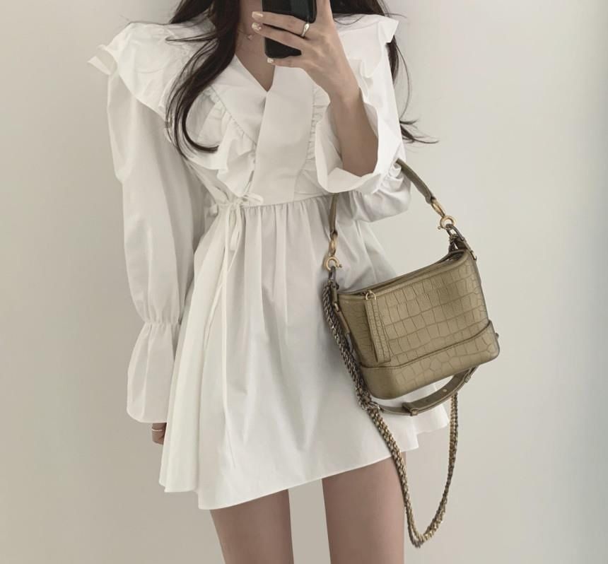 A-Line Collared V-Neck Long-Sleeve Dress Plain Mini