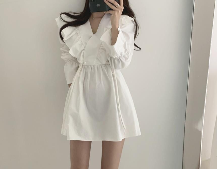 A-Line Collared V-Neck Long-Sleeve Dress Plain Mini