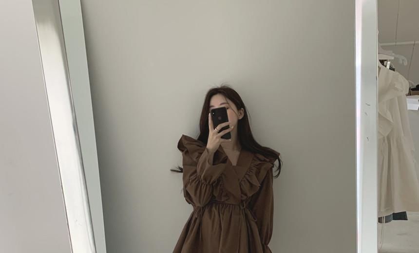 A-Line Collared V-Neck Long-Sleeve Dress Plain Mini