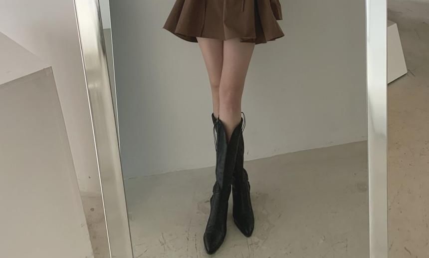 A-Line Collared V-Neck Long-Sleeve Dress Plain Mini