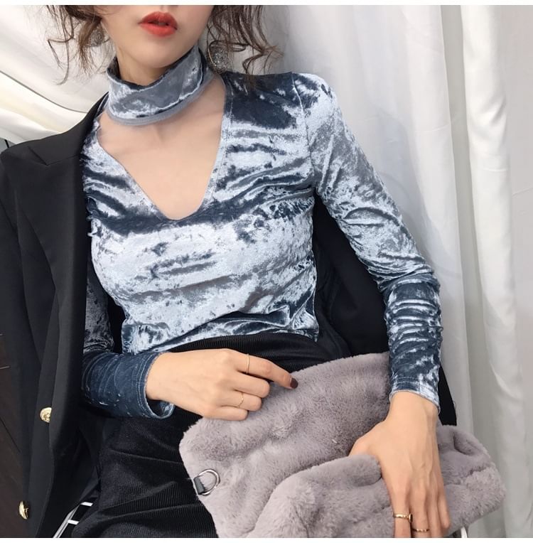 Mesh Velvet Neck Panel Top Long-Sleeve Mock