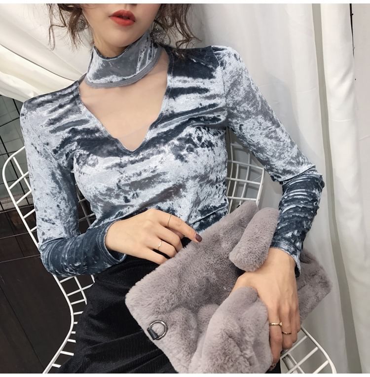 Mesh Velvet Neck Panel Top Long-Sleeve Mock