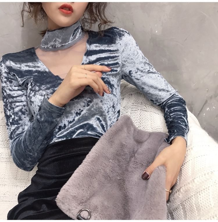Mesh Velvet Neck Panel Top Long-Sleeve Mock