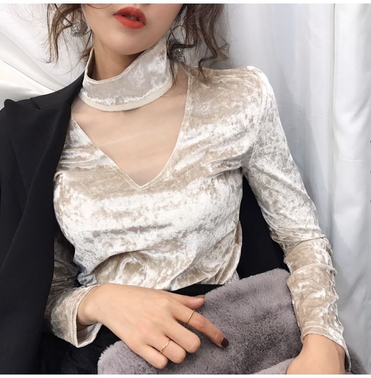 Mesh Velvet Neck Panel Top Long-Sleeve Mock