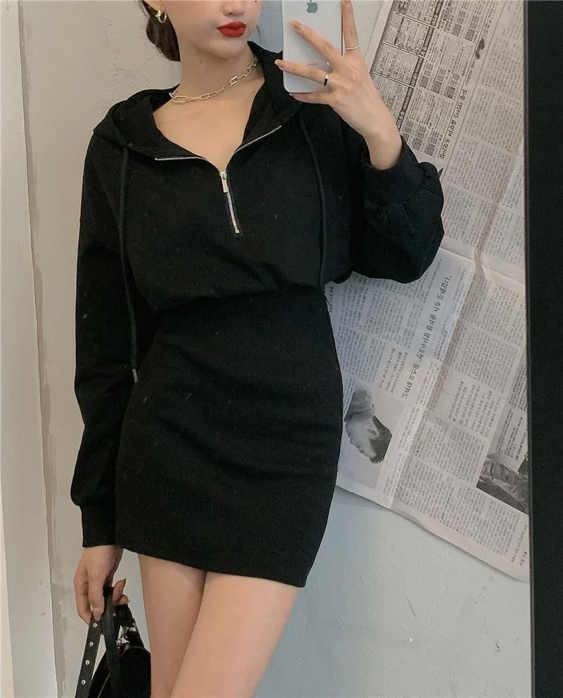 Zip Dress Half Plain Mini Hoodie
