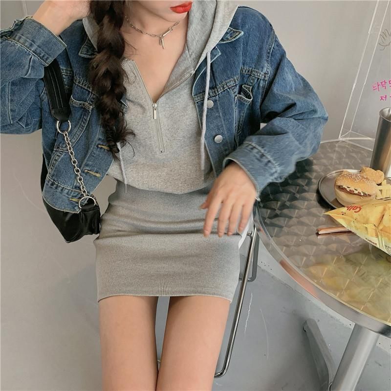 Zip Dress Half Plain Mini Hoodie