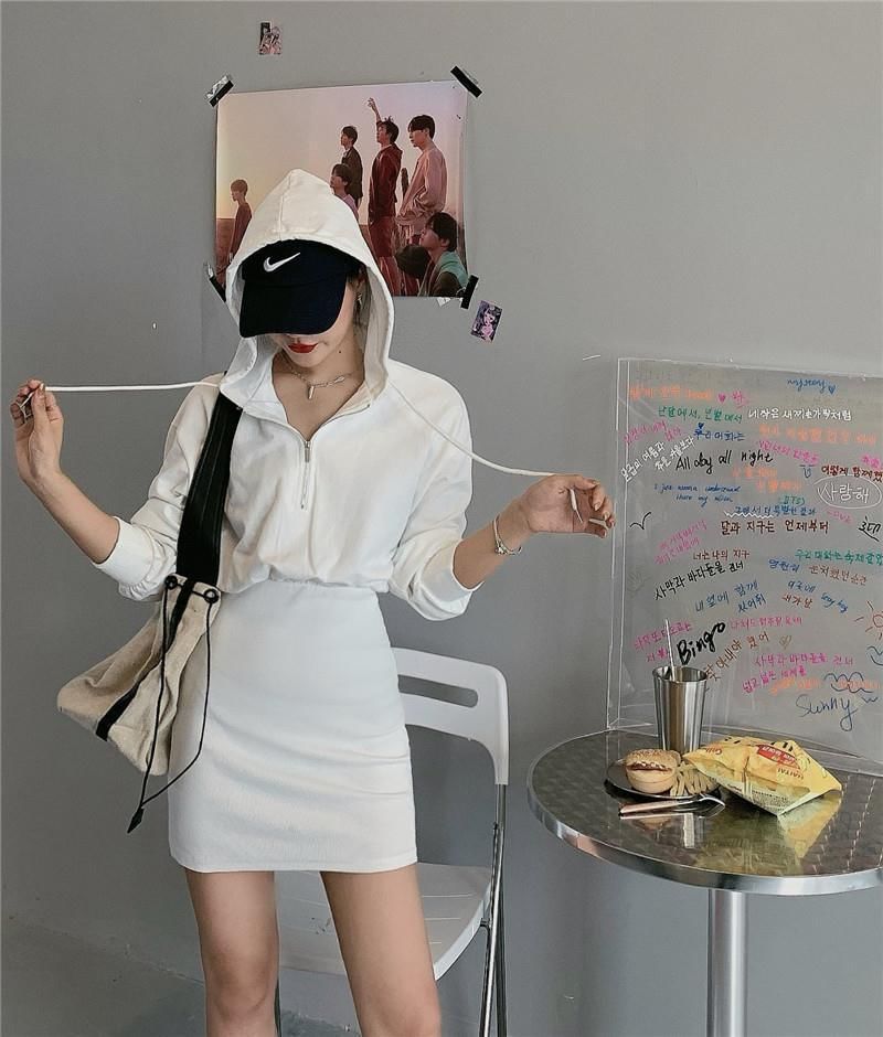 Zip Dress Half Plain Mini Hoodie