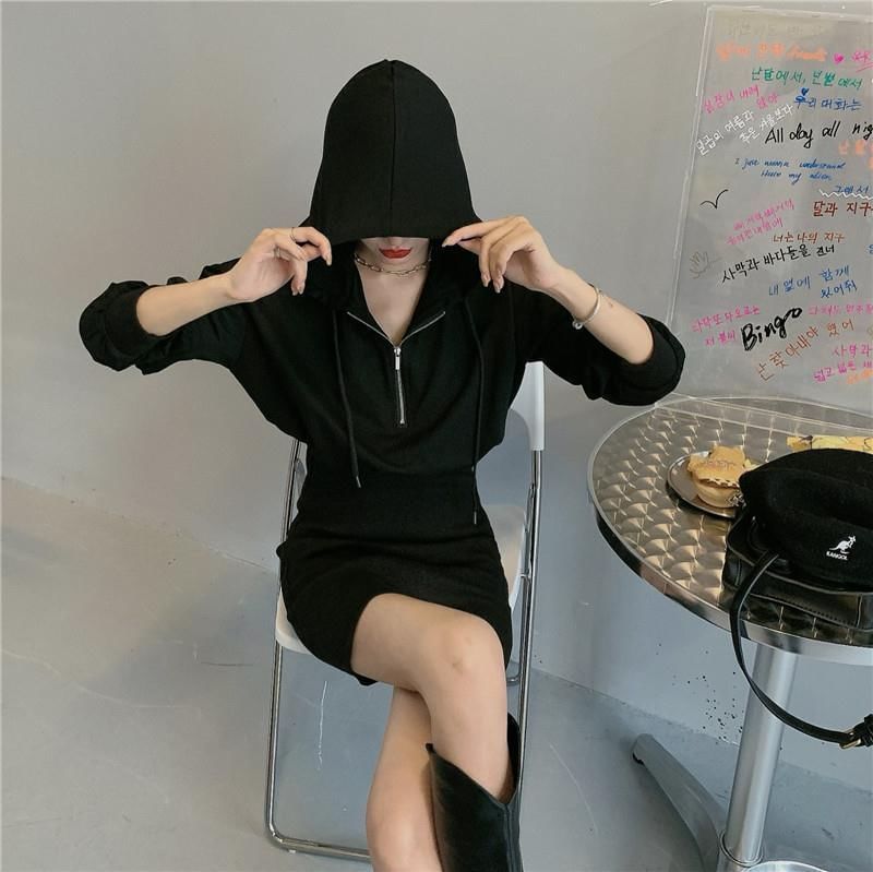 Zip Dress Half Plain Mini Hoodie