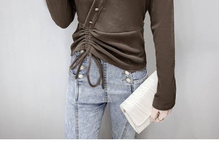 Long-Sleeve Asymmetrical Crop V-Neck Plain Top