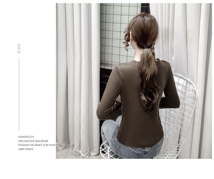 Long-Sleeve Asymmetrical Crop V-Neck Plain Top