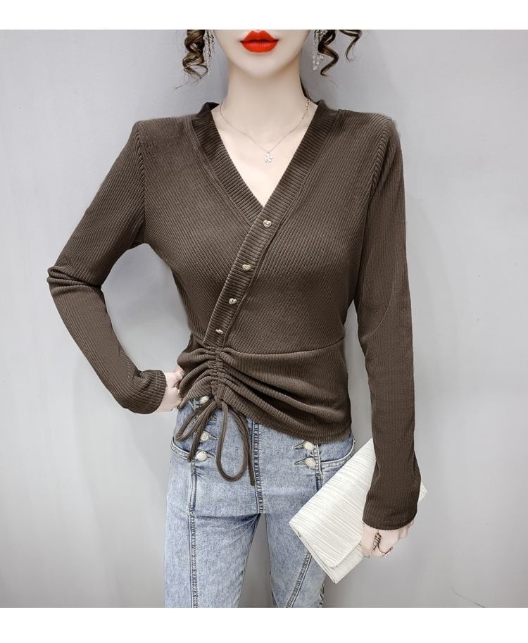 Long-Sleeve Asymmetrical Crop V-Neck Plain Top