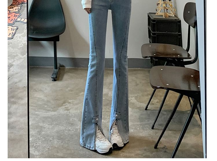 High Hem Flared Jeans Waist Slit