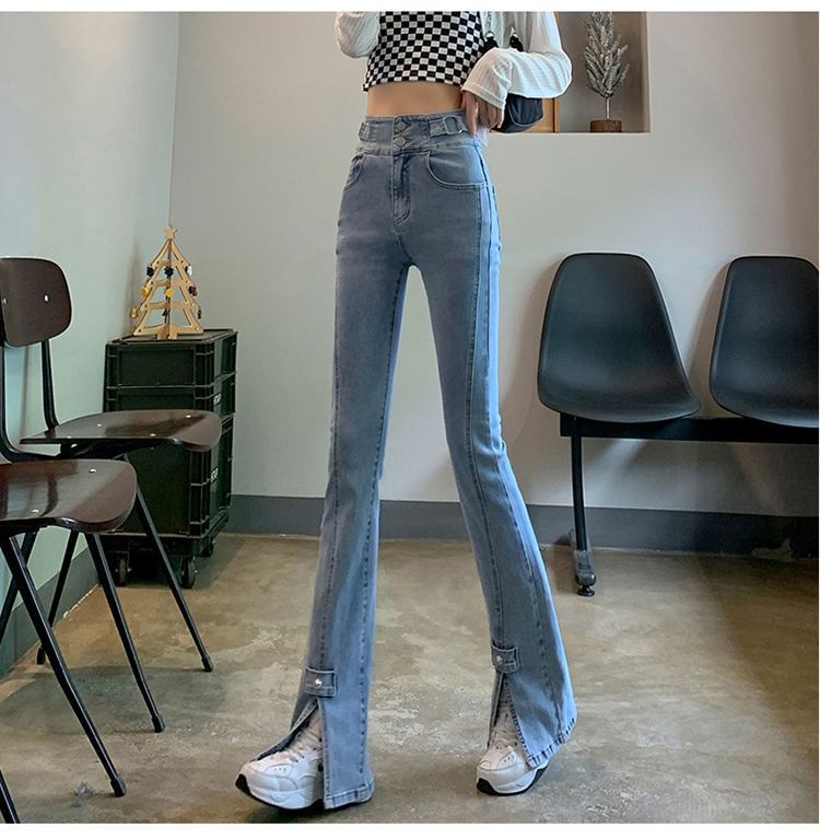 High Hem Flared Jeans Waist Slit