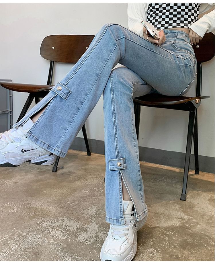 High Hem Flared Jeans Waist Slit