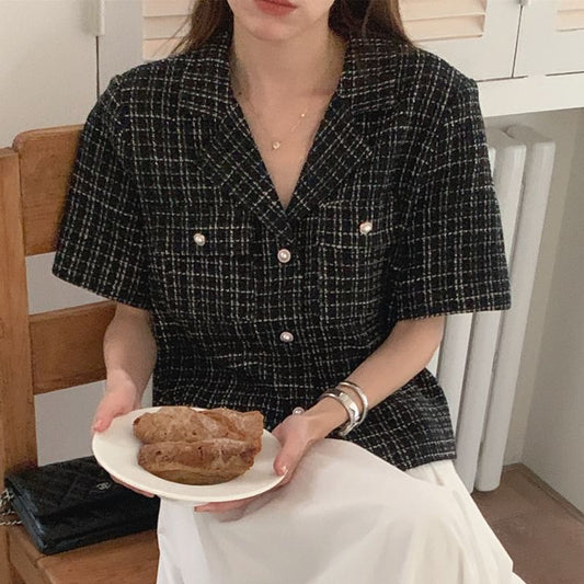 Short Sleeve Collared Tweed Faux Pearl Button Jacket