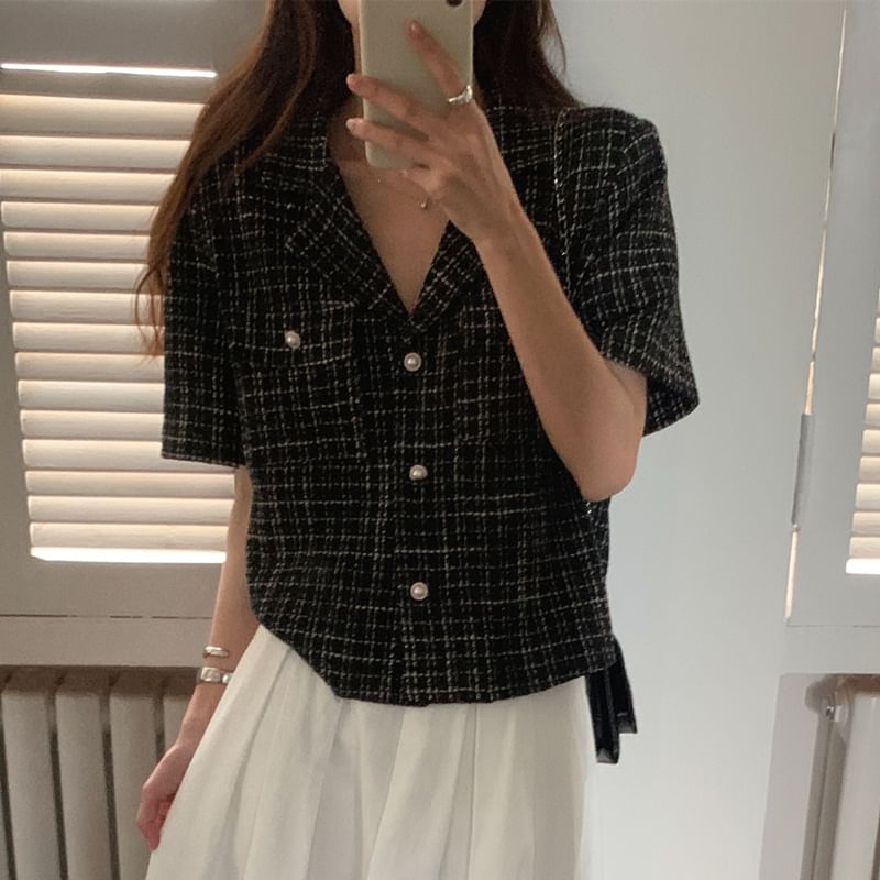 Short Sleeve Collared Tweed Faux Pearl Button Jacket