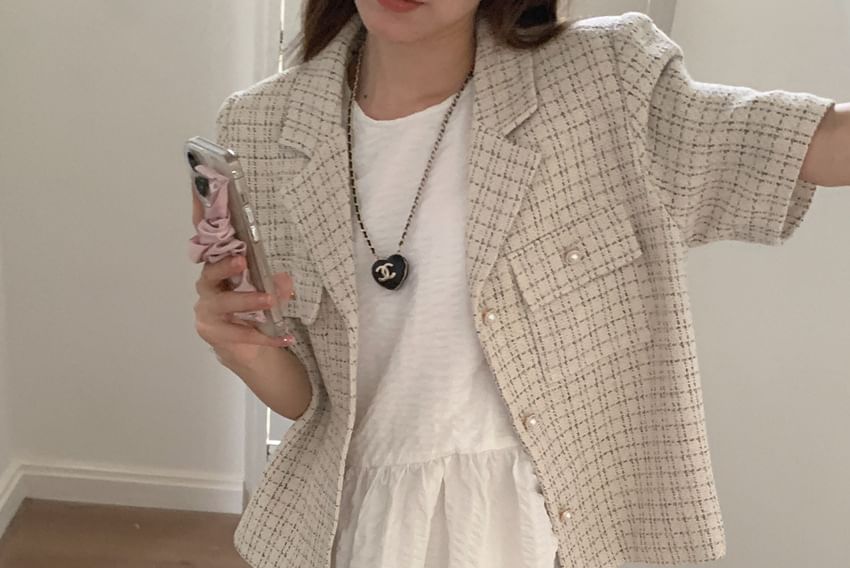 Short Sleeve Collared Tweed Faux Pearl Button Jacket