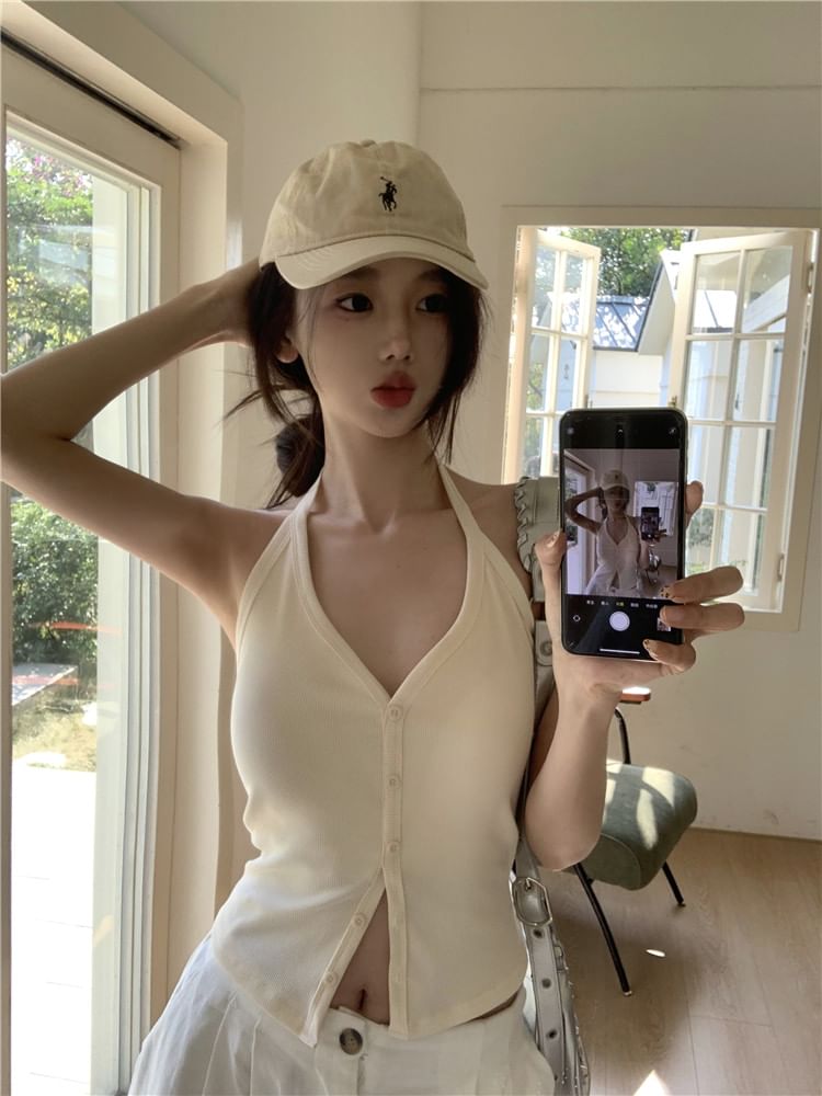 Plain Halter V-Neck Top Button-Up