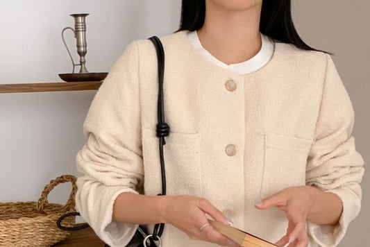 Round Neck Plain Button-Up Tweed Jacket