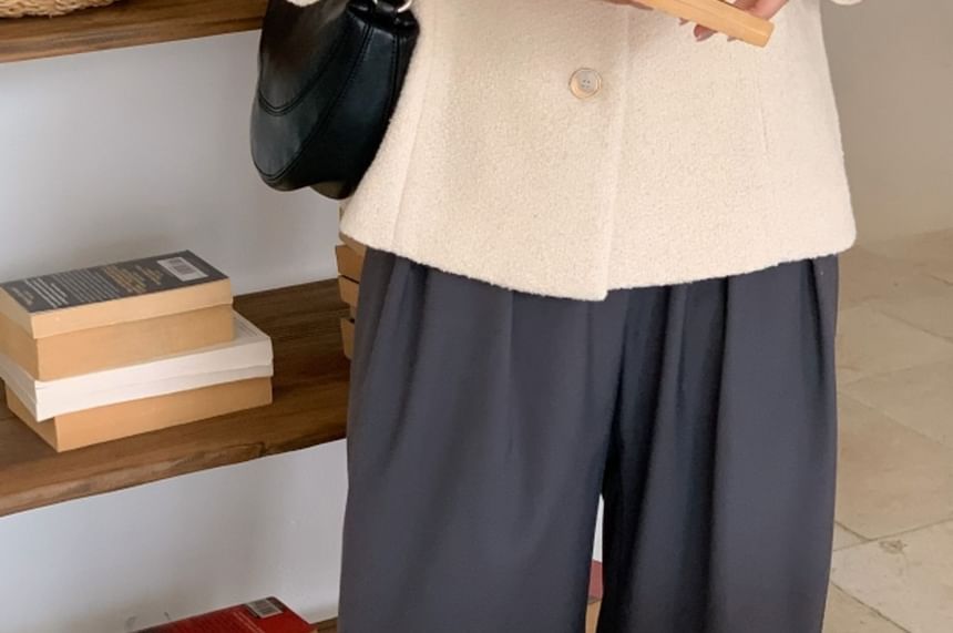 Round Neck Plain Button-Up Tweed Jacket